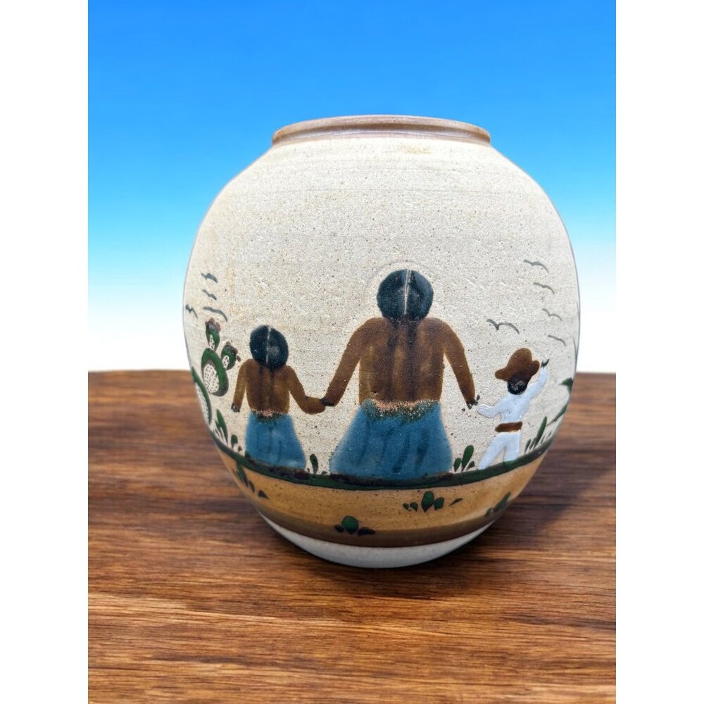 Vintage Mexican Pottery Vase signed Hand Painted Family
